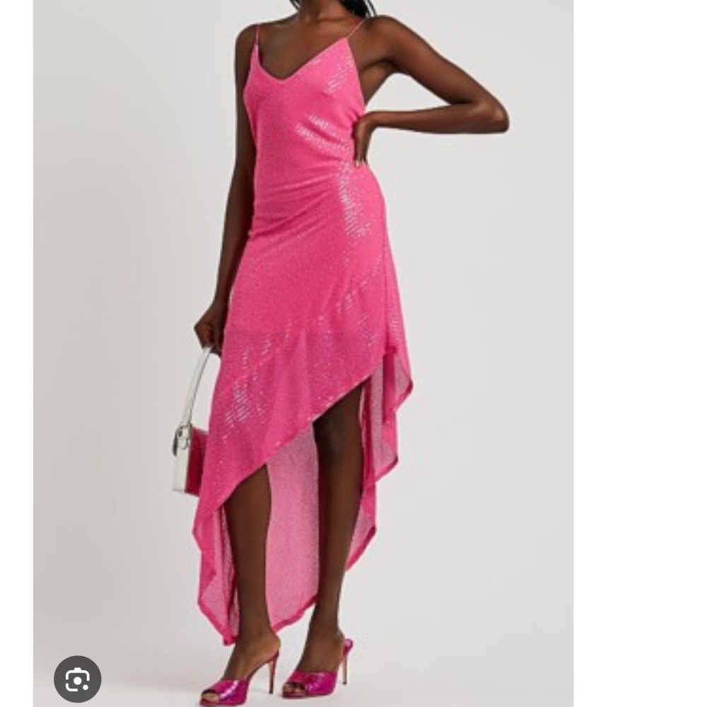 Rotate Birger Christensen Asymmetric Sequin Midi Dress Knockout Pink NEW Sz 36/4